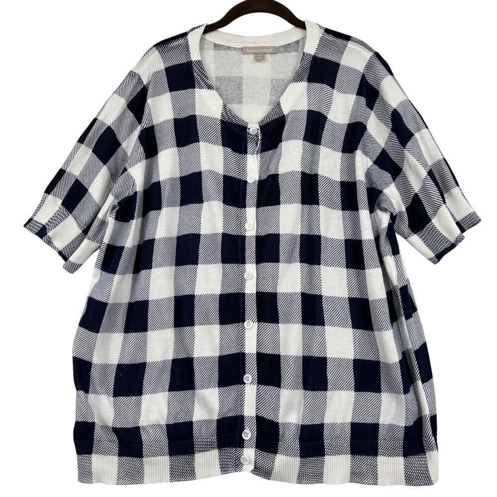 Woman Within Cardigan Sweater Size 1X Blue White Plaid Button Up Stretch